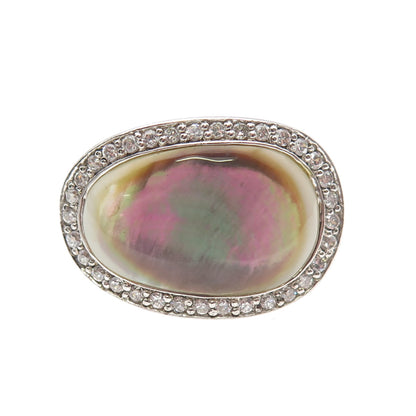 925 Sterling Silver Real Abalone Shell & C Z Modernist Ring Size 8