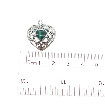 925 Sterling Silver Vintage Real Malachite Floral Heart Charm Pendant