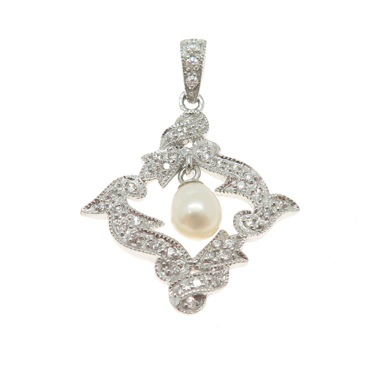 925 Sterling Silver Real Pearl & Round-Cut C Z Pendant