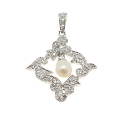 925 Sterling Silver Real Pearl & Round-Cut C Z Pendant