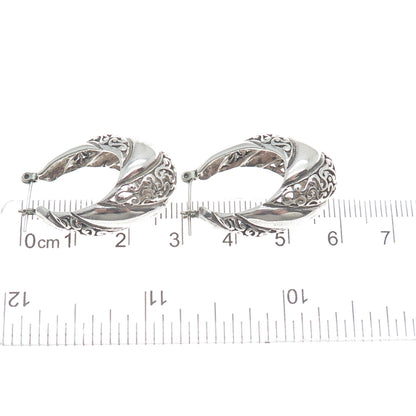 JEZLAINE 925 Sterling Silver Vintage Oxidized Ornate Heart Hoop Earrings