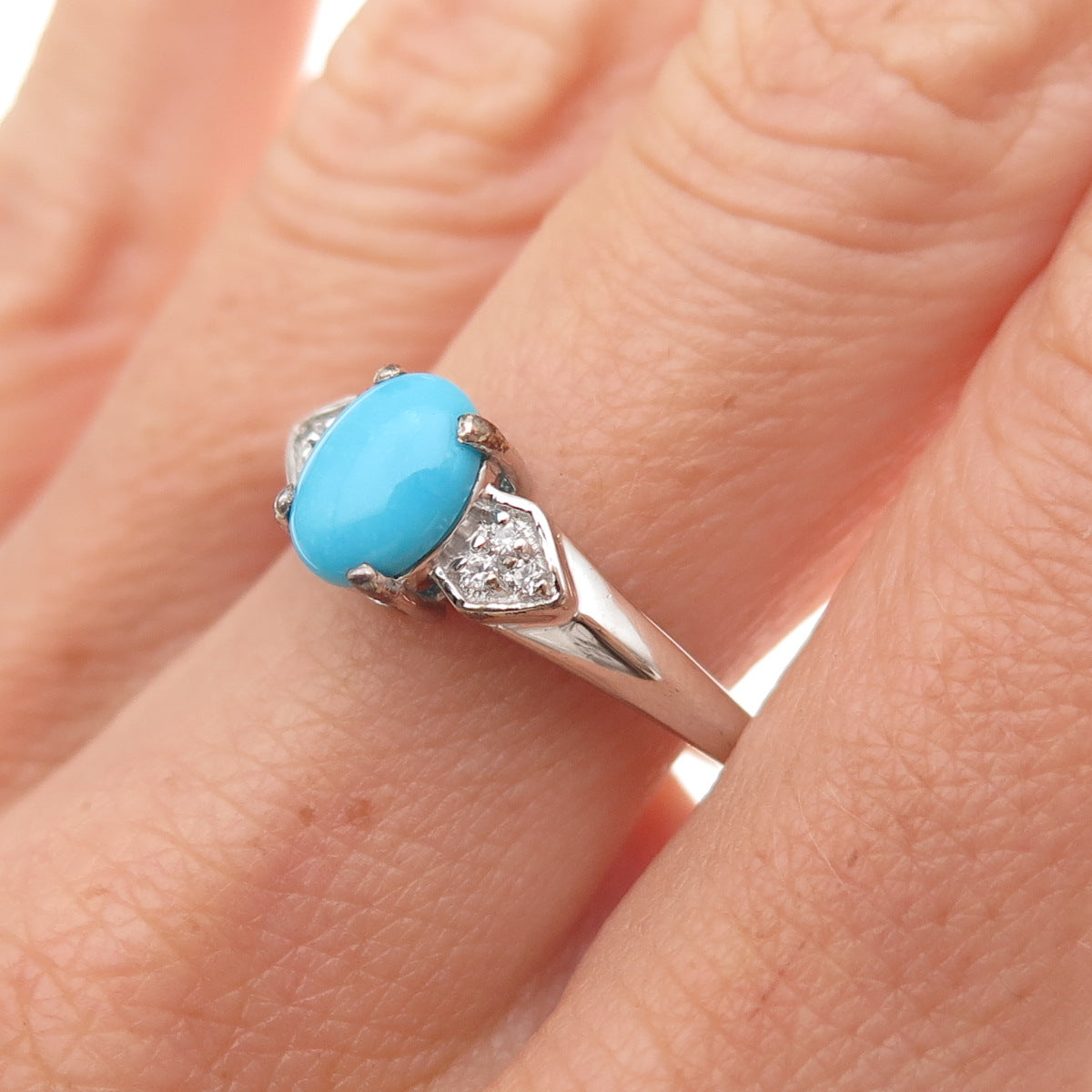 Chuck Clemency 925 Sterling Silver Real Turquoise & White Topaz Ring Size 8.25