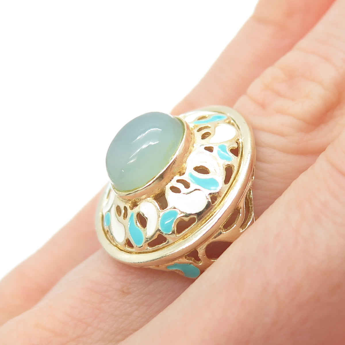 925 Sterling Silver Gold Plated Italy Enamel Real Chalcedony Ring Size 5.25
