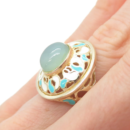 925 Sterling Silver Gold Plated Italy Enamel Real Chalcedony Ring Size 5.25
