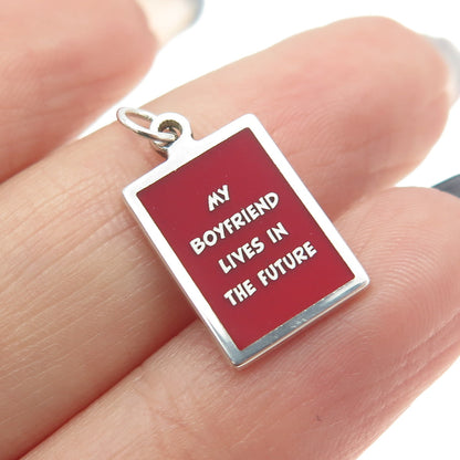 925 Sterling Silver Enamel "My Boyfriend Lives In The Future" Minimalist Pendant