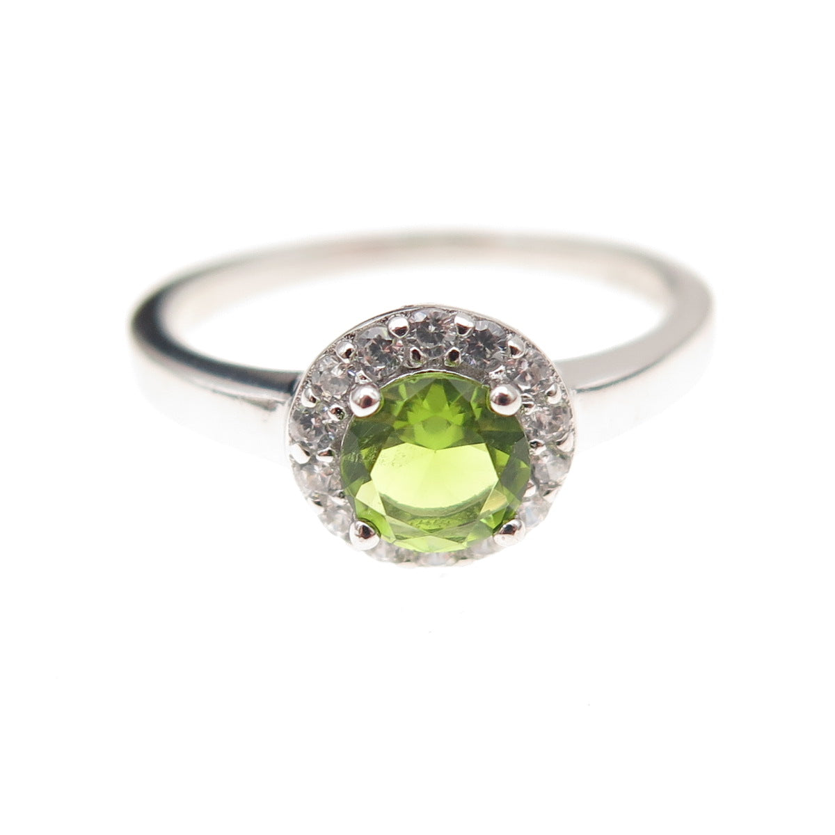 925 Sterling Silver Real Round-Cut Peridot & C Z Ring Size 5.25