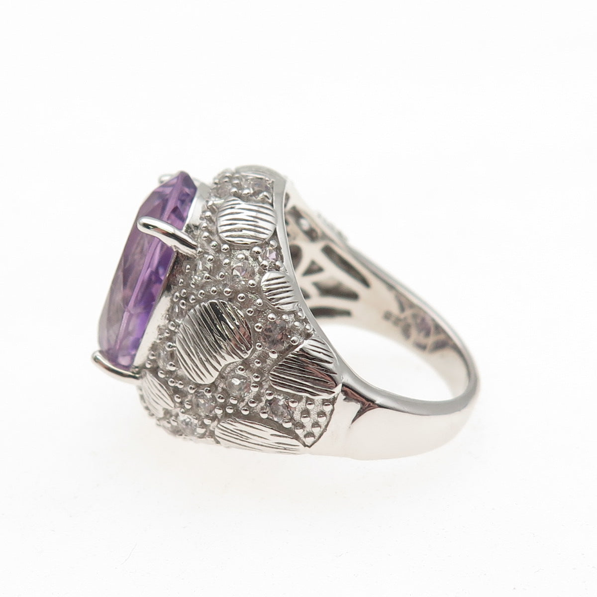 DSMK 925 Sterling Silver Real Amethyst & White Topaz Statement Ring Size 7