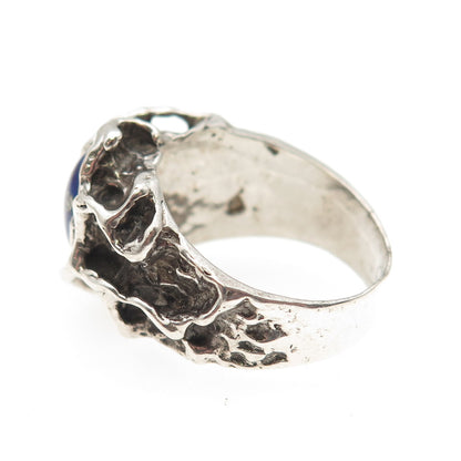 925 Sterling Silver Vintage Real Lapis Modernist Oxidized Ring Size 9