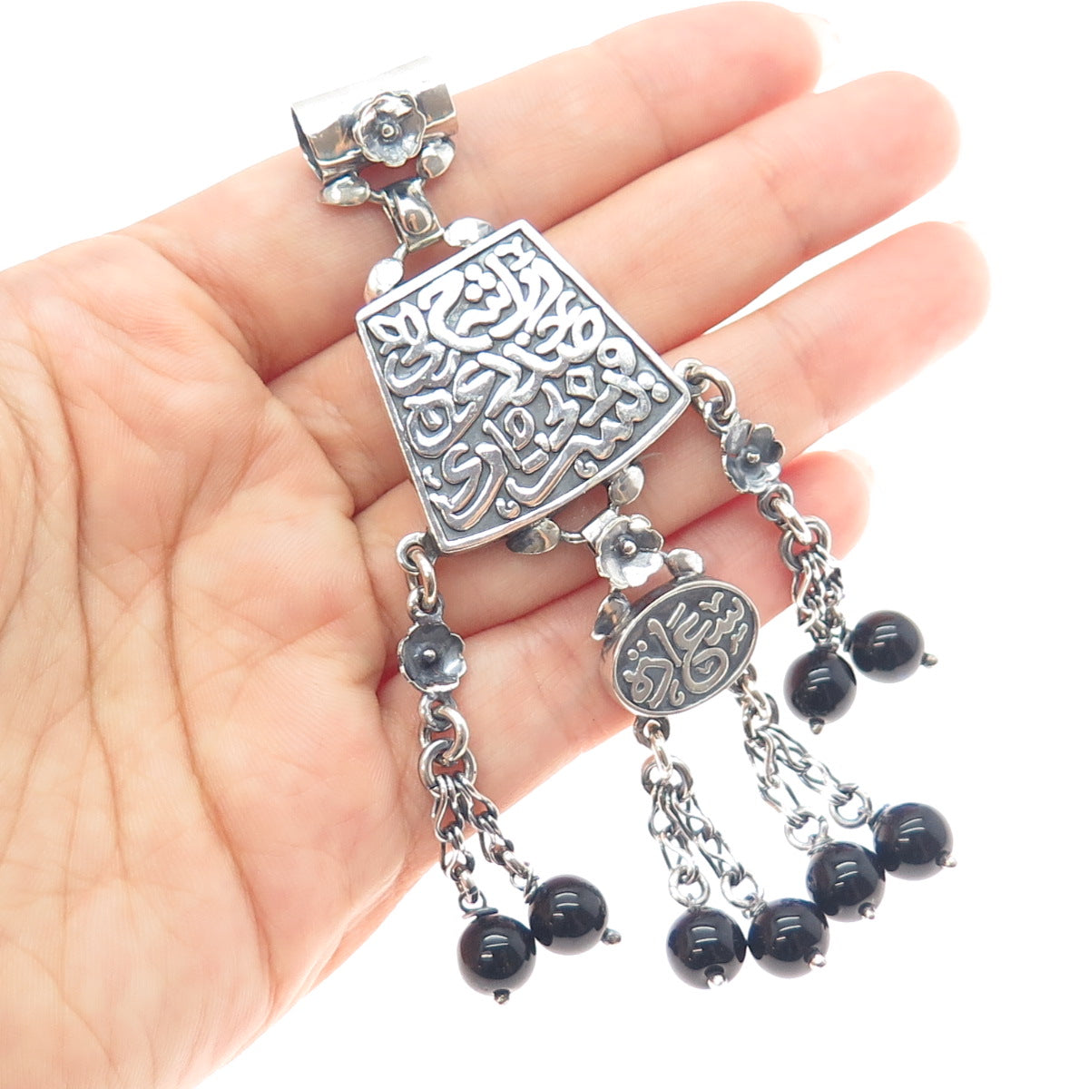 800 Silver Vintage Egypt Black Onyx Arabic Calligraphy Oxidized Slide Pendant