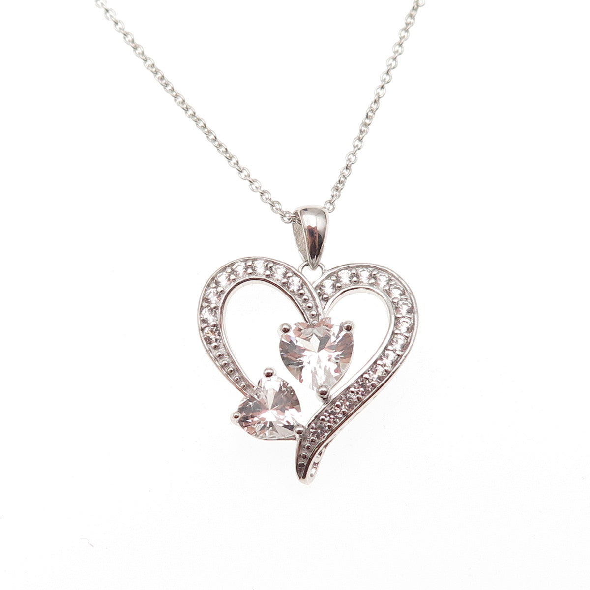 Sun 925 Sterling Silver Real White Topaz Heart Cable Chain Necklace 18"