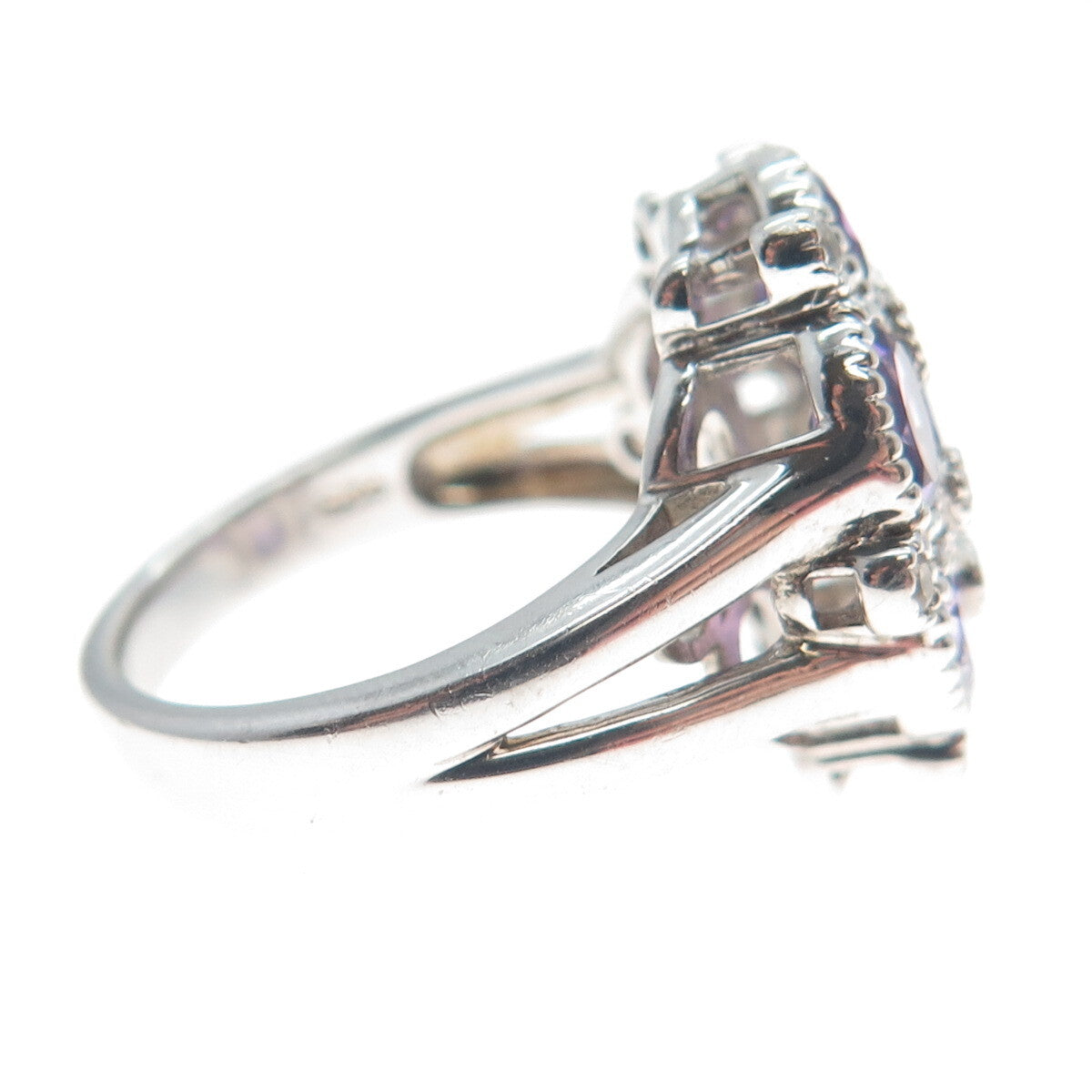 925 Sterling Silver Real Amethyst & White Topaz Gem Cluster Ring Size 7.25