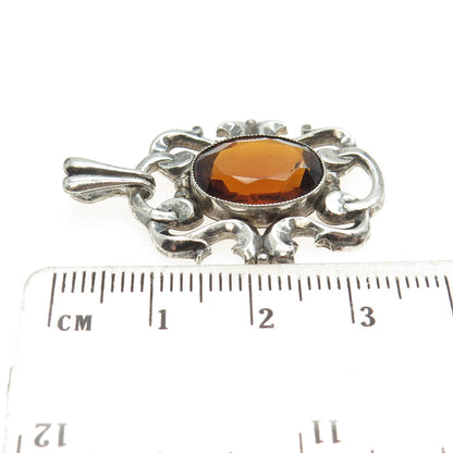 830 Silver Antique Art Deco European Real Oval-Cut Citrine Repousse Pendant