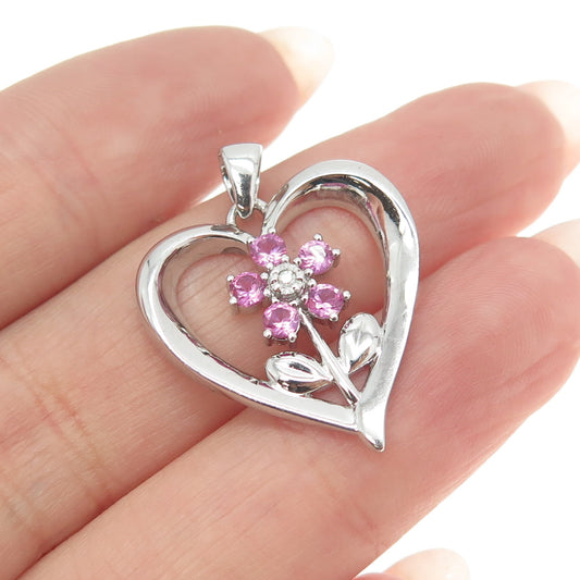 925 Sterling Silver Real White Diamond & Pink Sapphire Gem Heart Floral Pendant