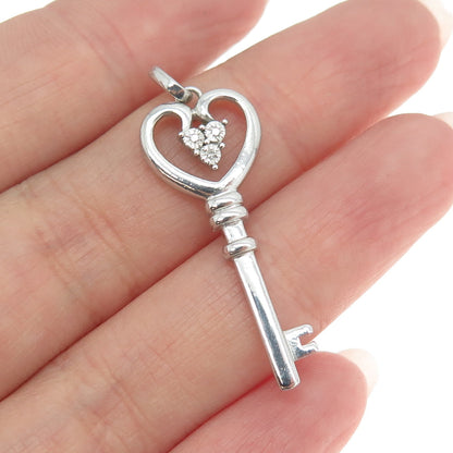 925 Sterling Silver Real Round-Cut Diamond Heart Key Charm Pendant