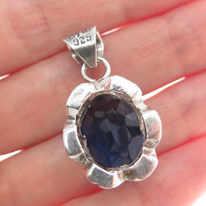 925 Sterling Silver Vintage Dark Blue C Z Oxidized Pendant