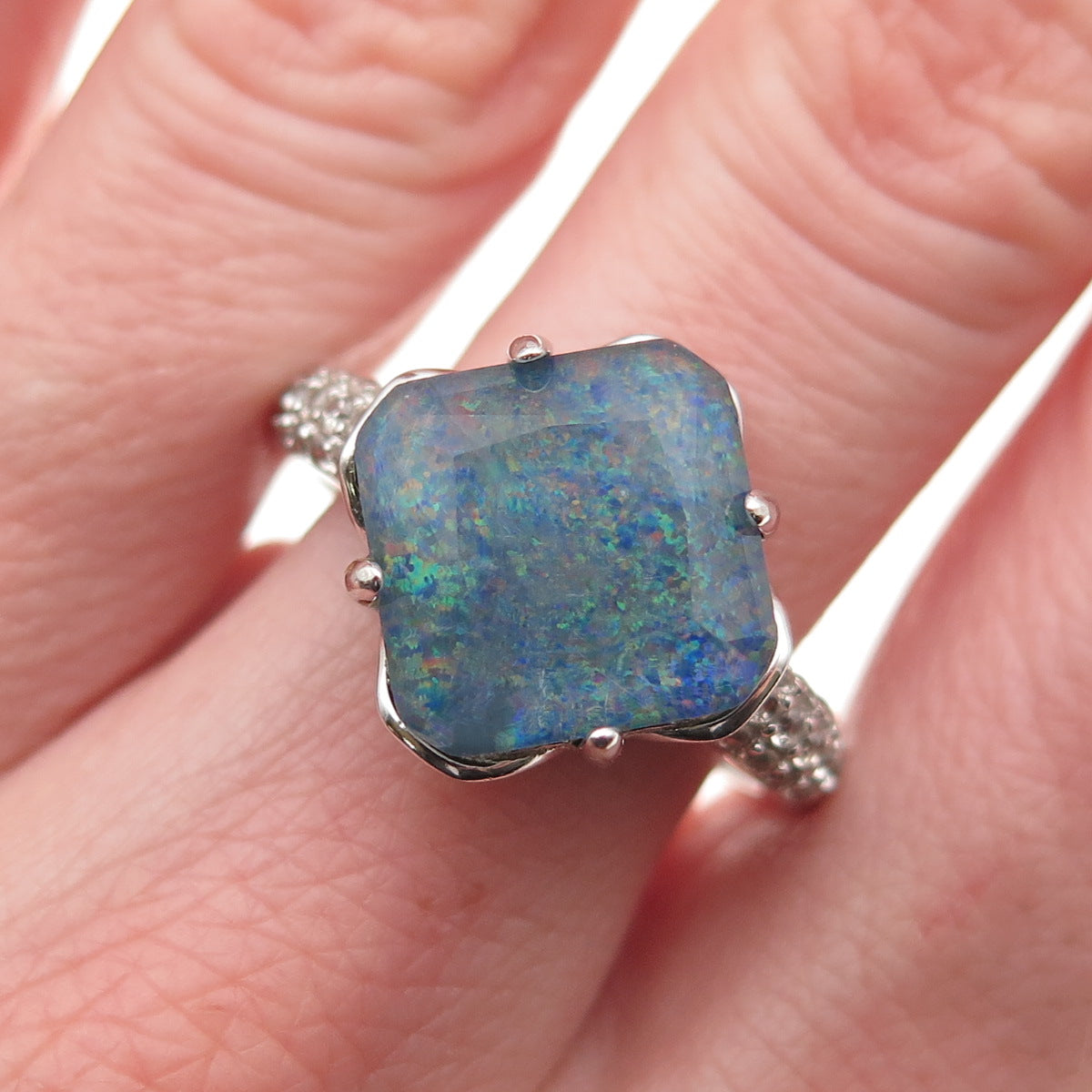 925 Sterling Silver Real Doublet Black Opal & White Topaz Ring Size 10.5