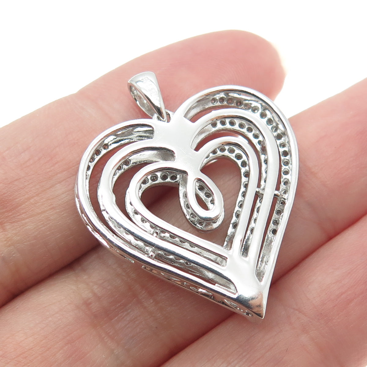 SUN 925 Sterling Silver Real Round-Cut Diamond Multi-Row Heart Pendant