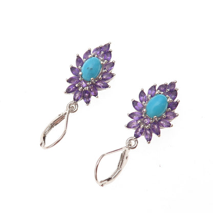 Chuck Clemency 925 Sterling Silver Real Turquoise & Amethyst Dangle Earrings