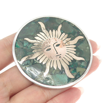 925 Sterling Silver 2-Tone Vintage Mexico Turquoise Gem Inlay Sun Face Brooch