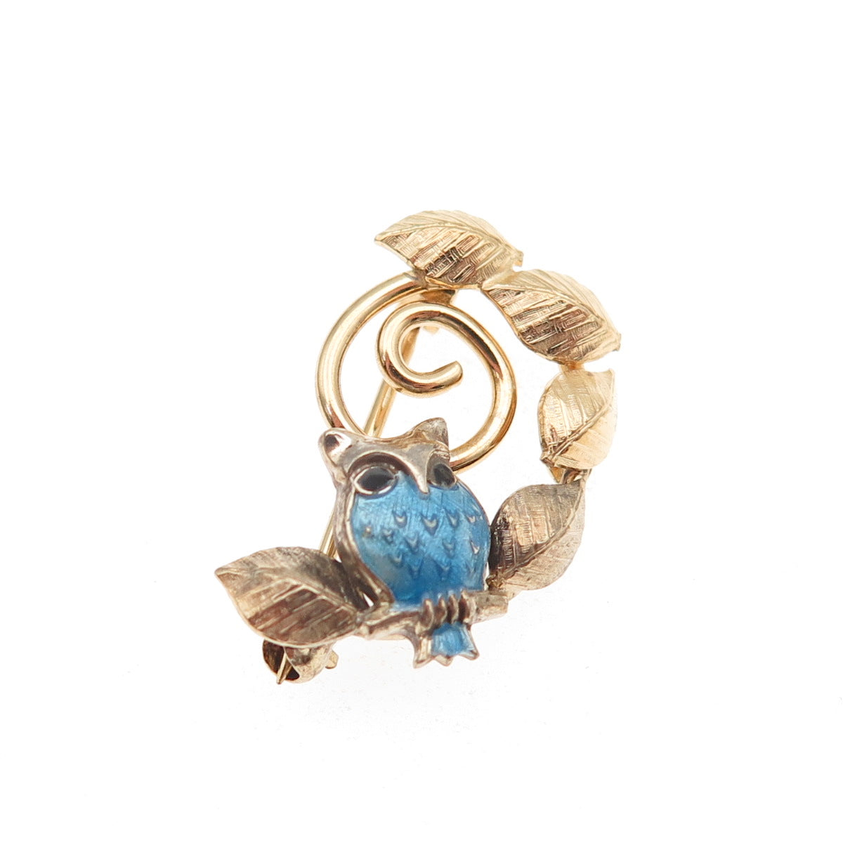 Wells Sterling Silver Gold Filled Antique Art Deco Enamel Owl Floral Pin Brooch
