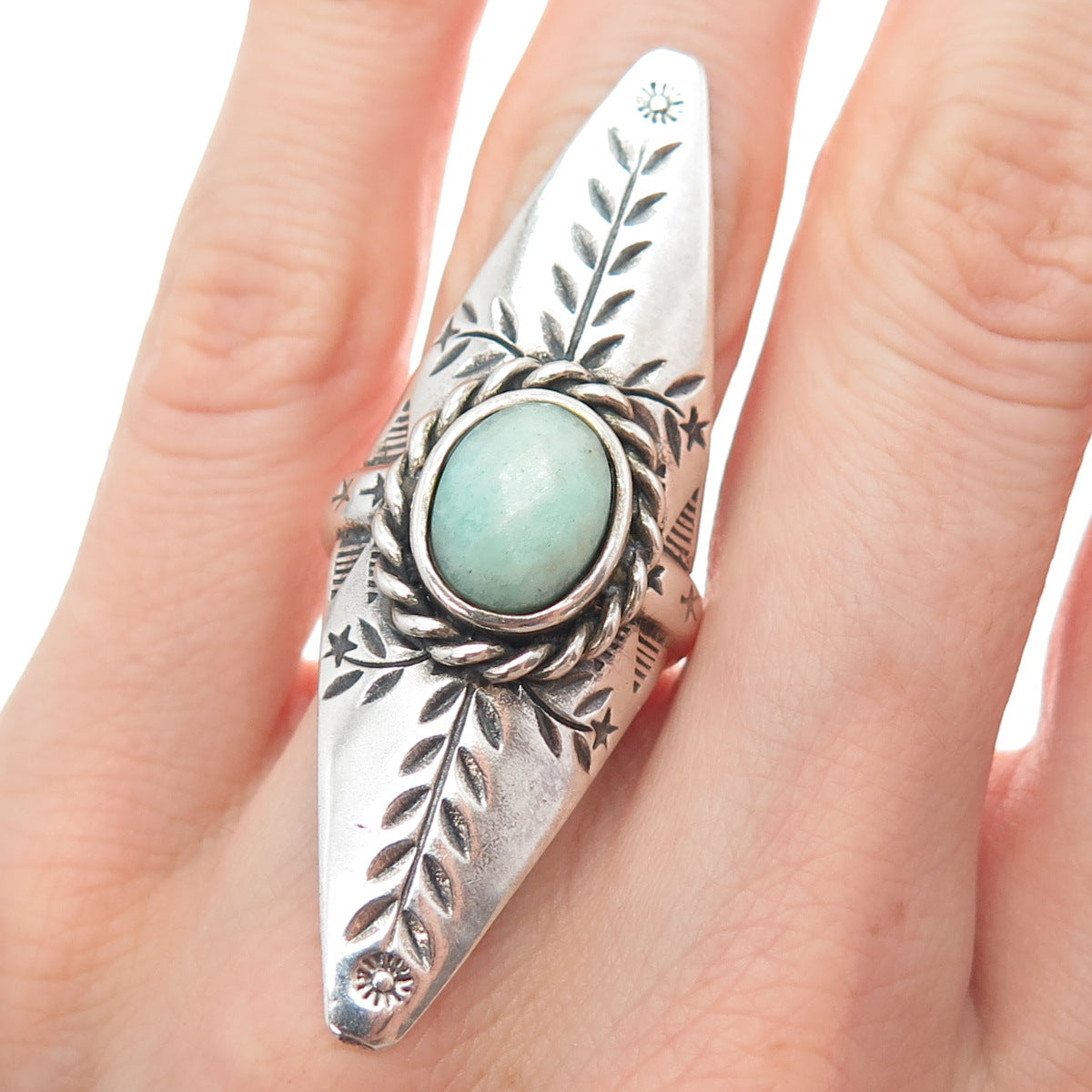 CHAPAL ZENRAY 925 Sterling Silver Vintage Real Amazonite Oxidized Ring Size 6.25