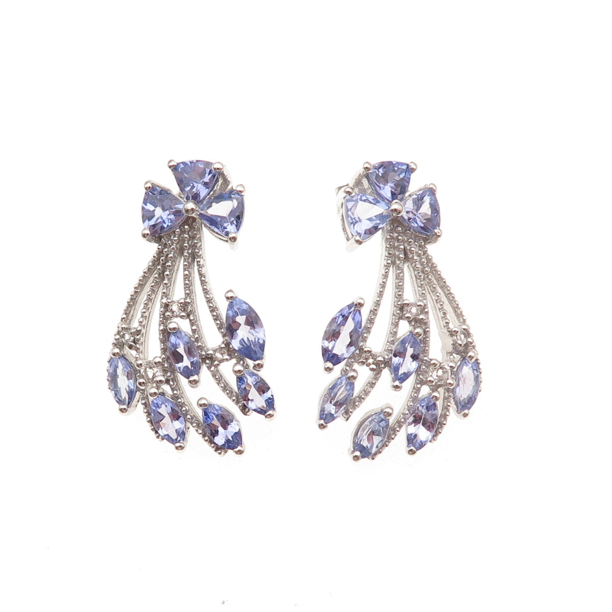 Chuck Clemency 925 Sterling Silver Real Multi-Cut Tanzanite Floral Earrings