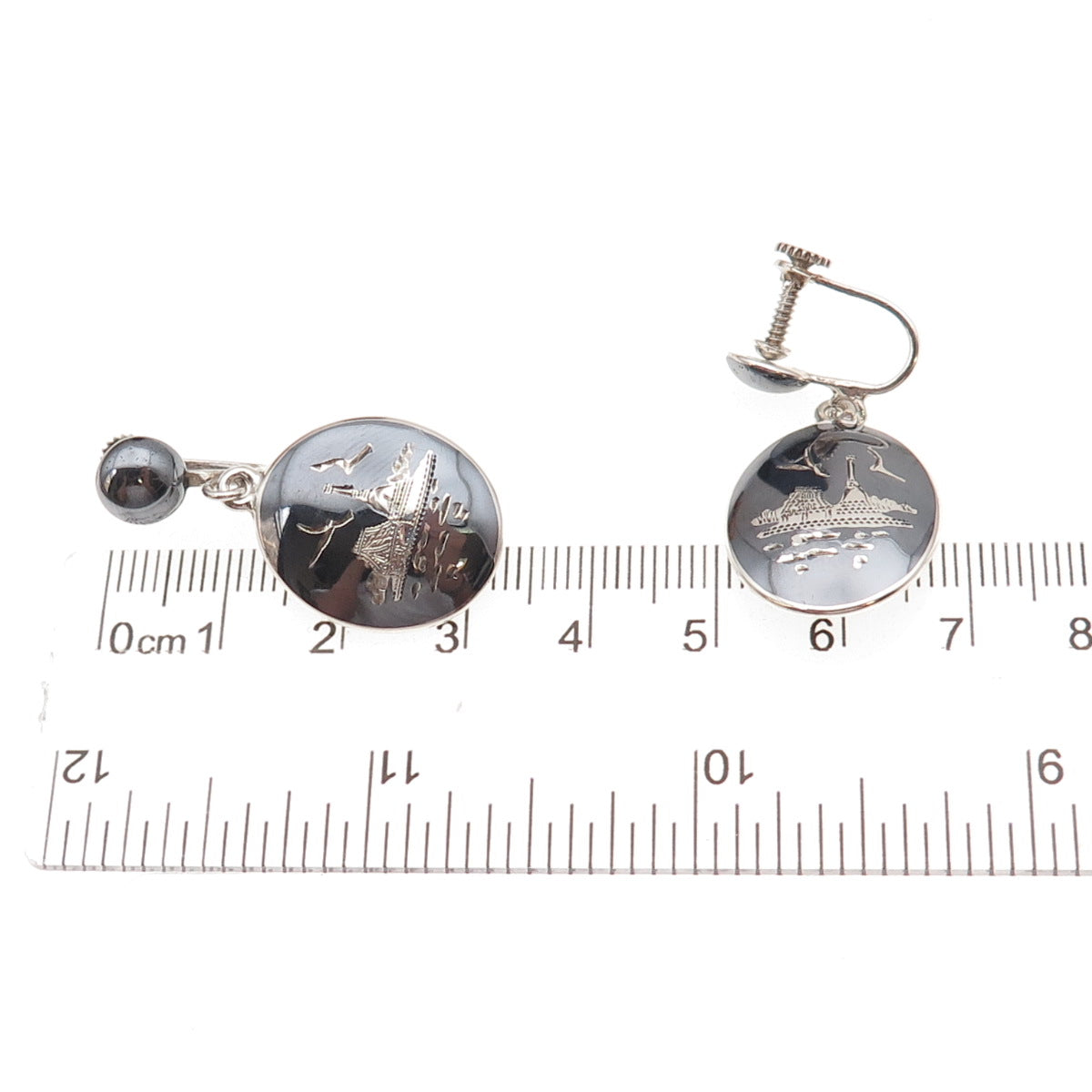 925 Sterling Silver Antique Siam Niello Old Town Screw Back Dangle Earrings