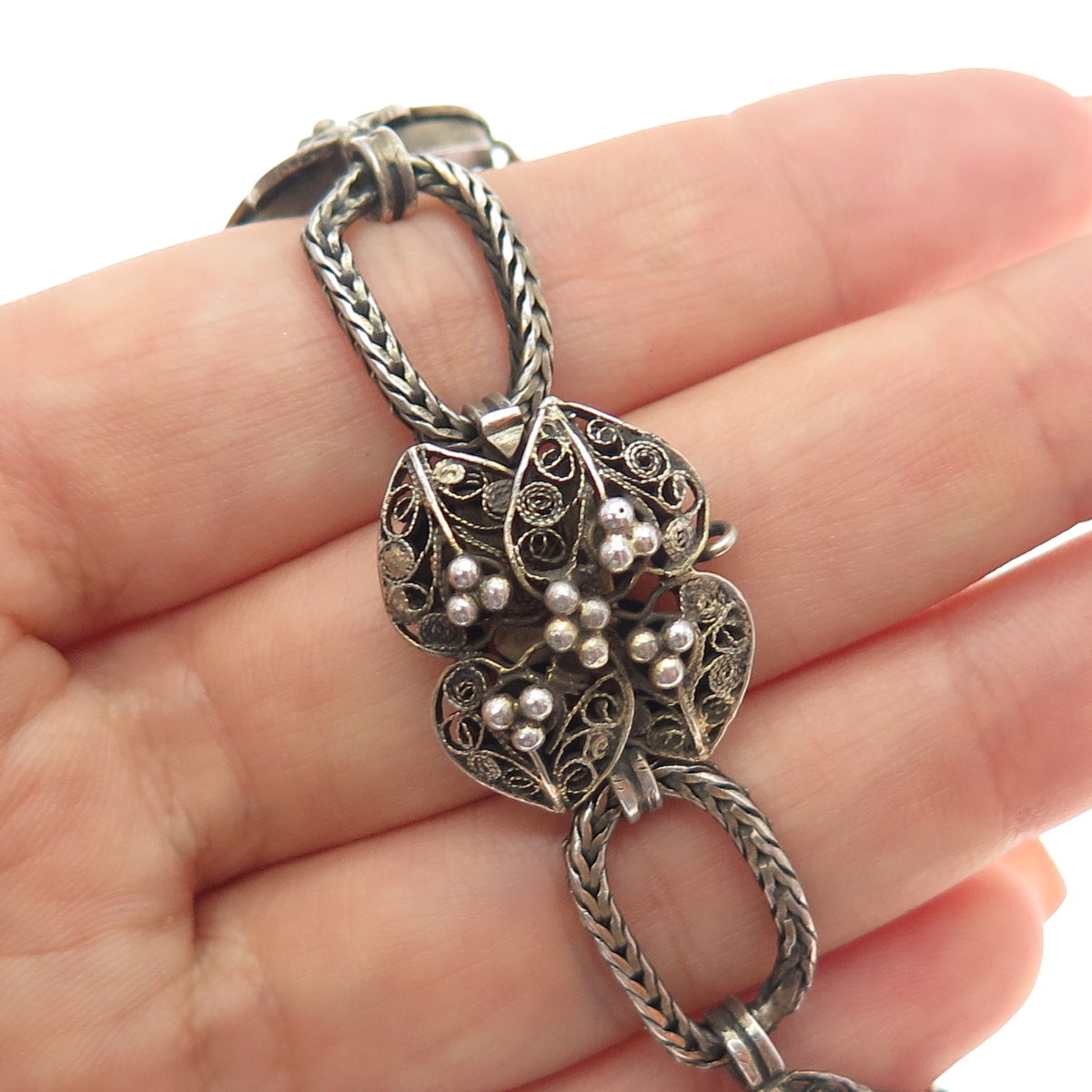 800 Silver Gold Plated Antique Victorian Real Coral Filigree Bracelet 7.25"