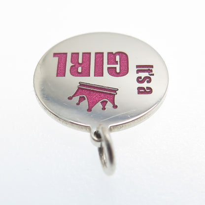 925 Sterling Silver Pink Enamel "It's A Girl" Round Tag Minimalist Charm Pendant