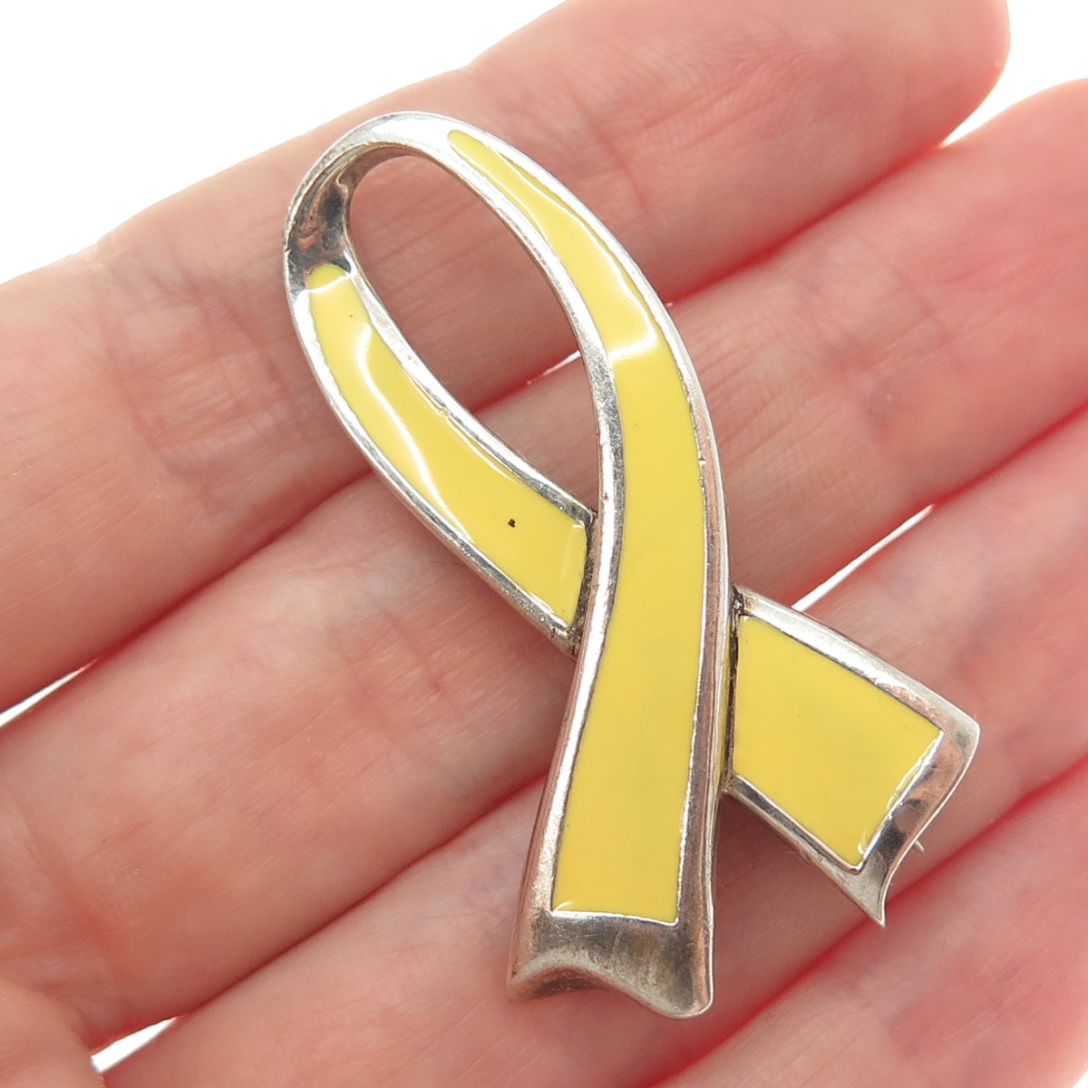 925 Sterling Silver Vintage Enamel Yellow Ribbon Awareness Cancer Free Brooch