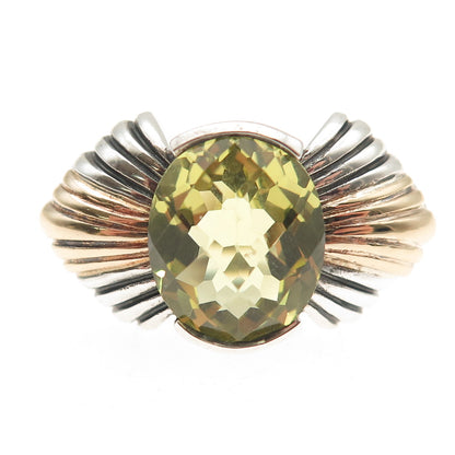 ALEX 925 Sterling Silver 14K Gold Vintage Real Peridot Modernist Ring Size 7