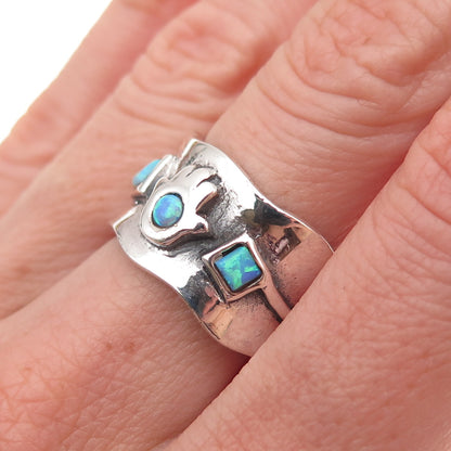 925 Sterling Silver Vintage Real Opal Hamsa Amulet Oxidized Ring Size 7.75