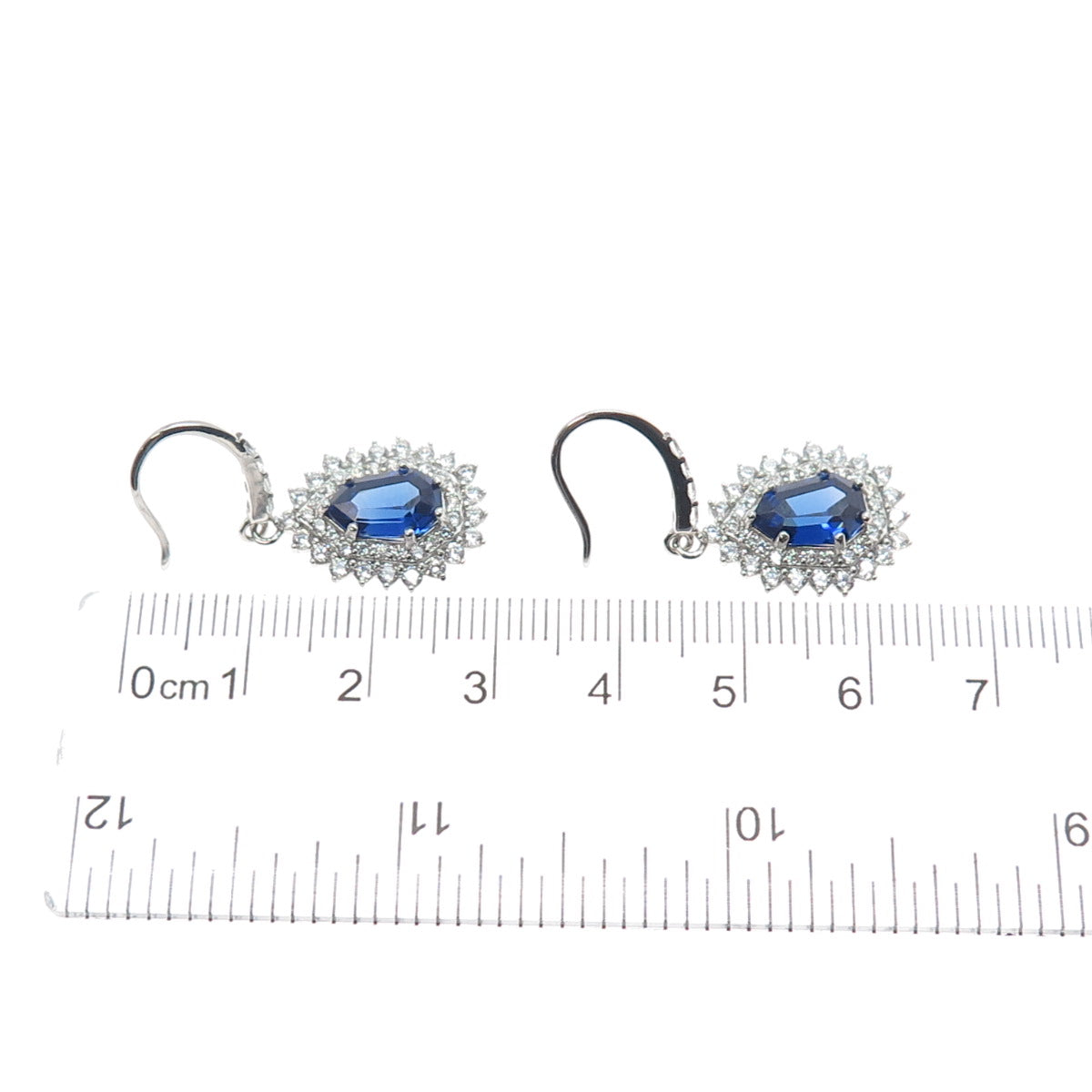 DSMK 925 Sterling Silver Pear & Round-Cut Blue White C Z Dangle Earrings