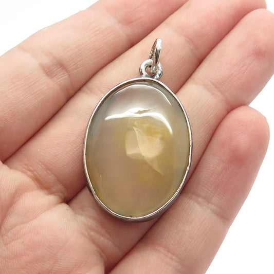 925 Sterling Silver Vintage Real Agate Gem Oval Pendant