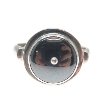 925 Sterling Silver Vintage Real Hematite Modernist Oxidized Ring Size 7