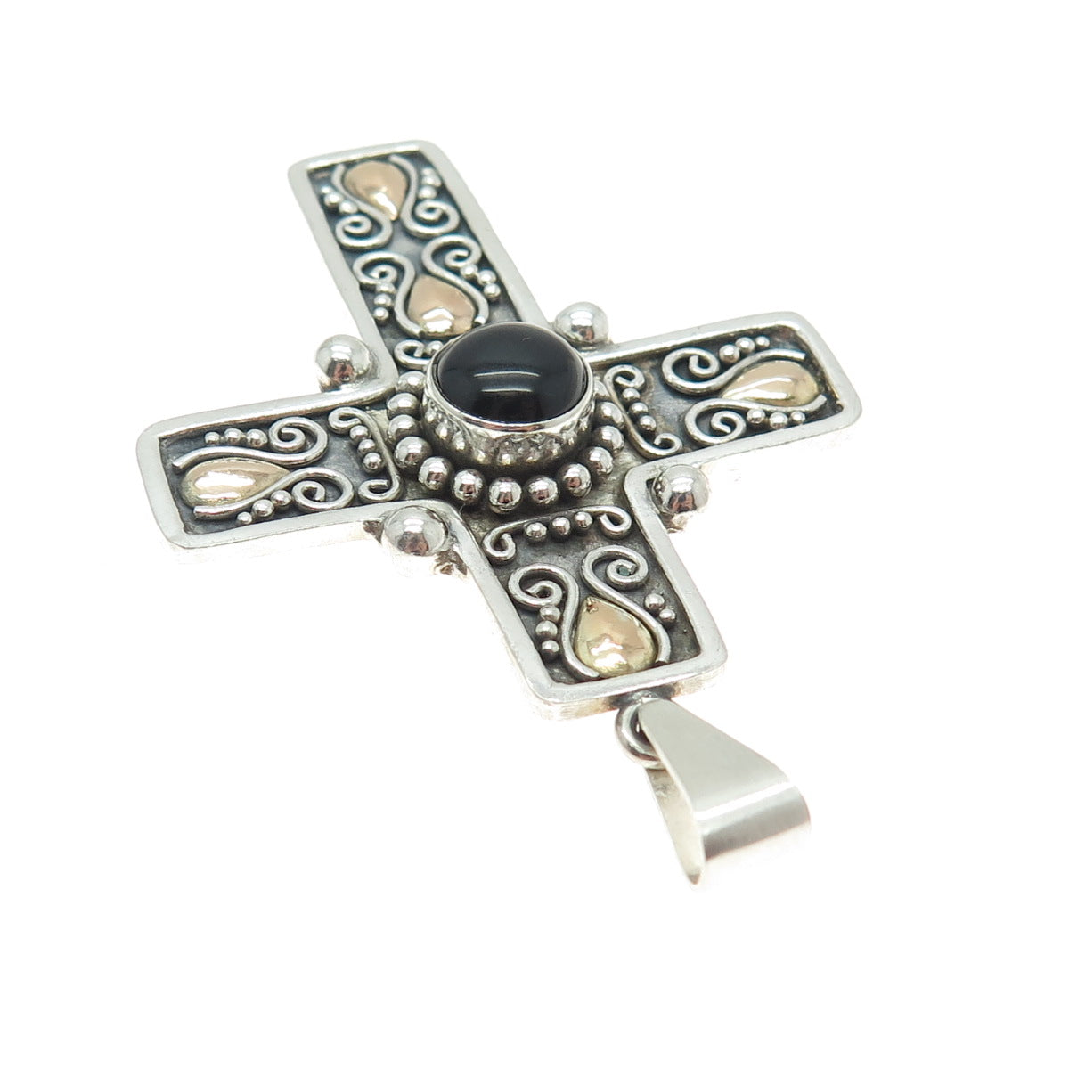 SUARTI BALI 18K Gold & Sterling Silver Vintage Black Onyx Floral Cross Pendant