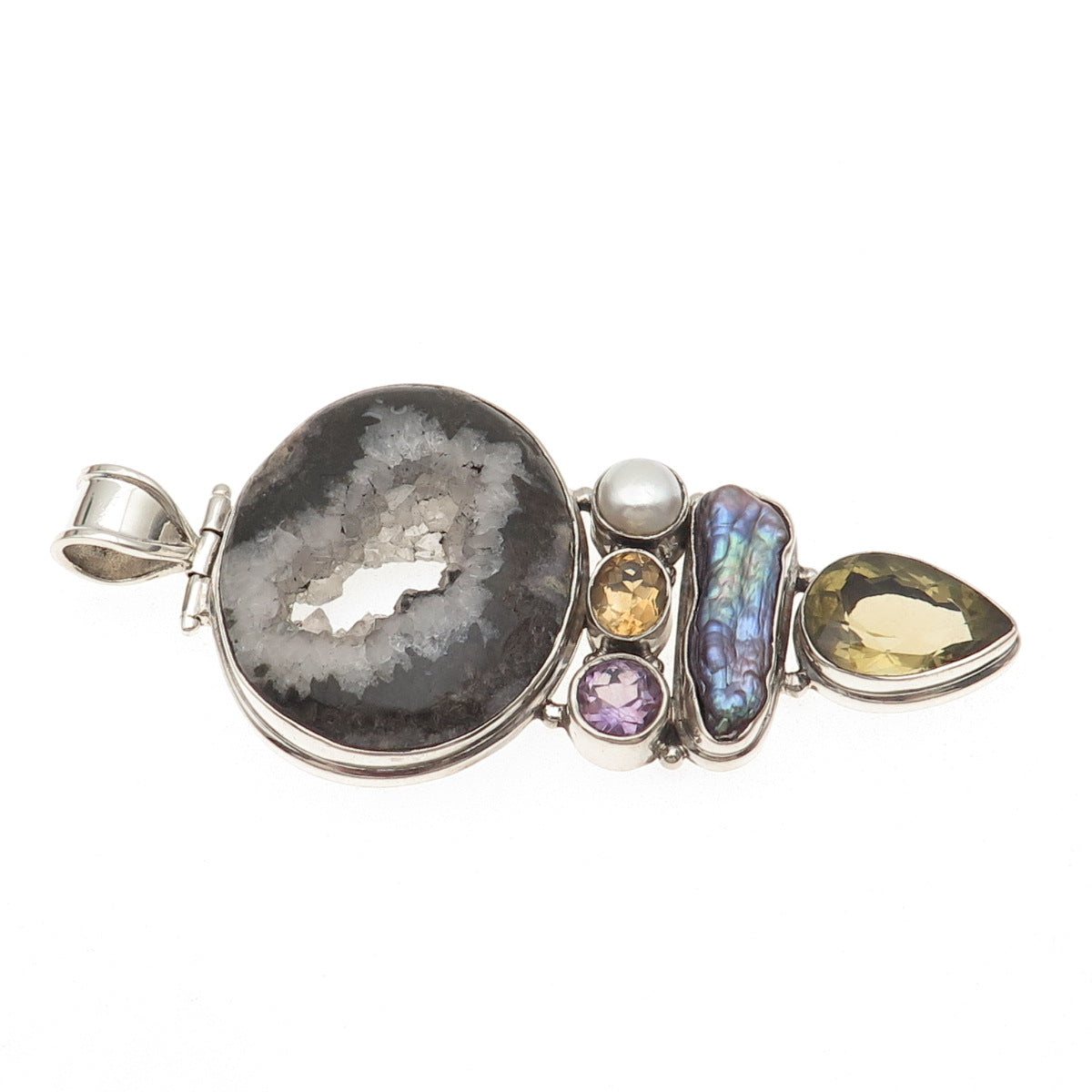 925 Sterling Vintage Agate Pearl Amethyst Citrine & Smoky Quartz Large Pendant