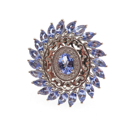 925 Sterling Silver Real Tanzanite & White Topaz Floral Ring Size 8.25