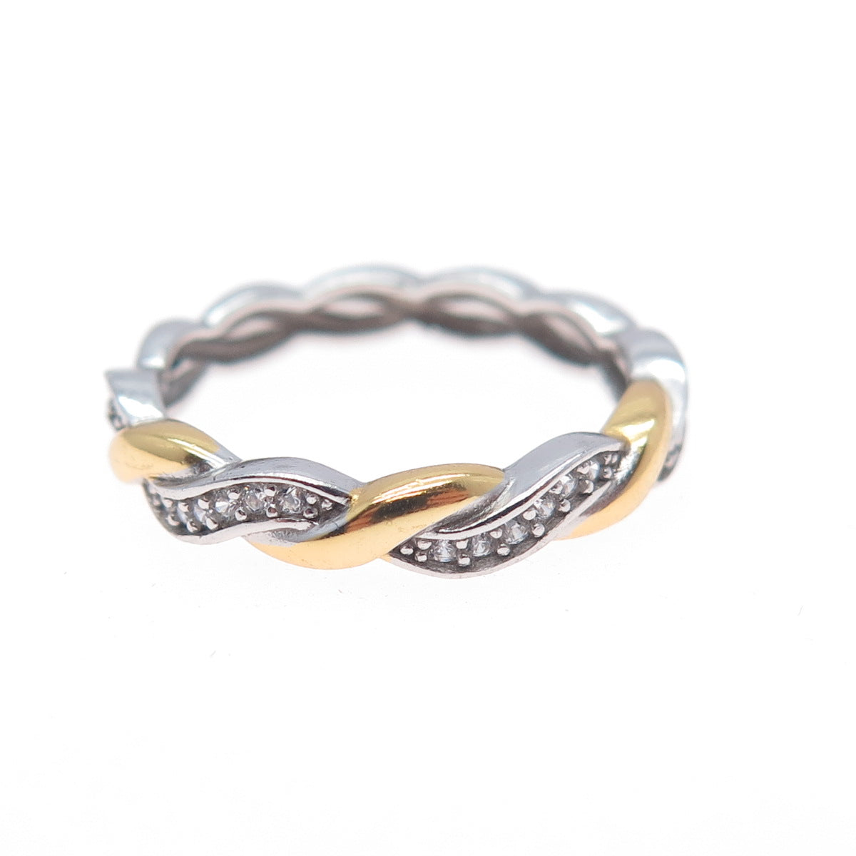 925 Sterling Silver 2-Tone Round-Cut C Z Woven Band Ring Size 7.25