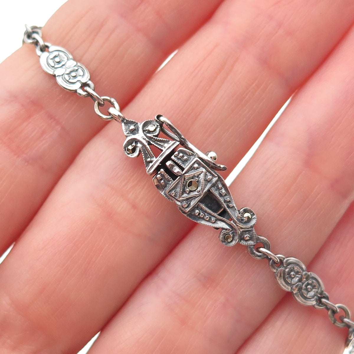 925 Sterling Antique Art Deco Real Marcasite Necklace 16" (missing 26 stones)