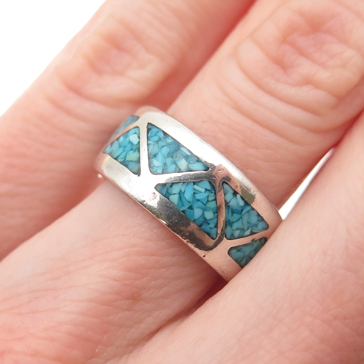 Della & Francis James Navajo Old Pawn Sterling Turquoise Inlay Band Ring Size 5