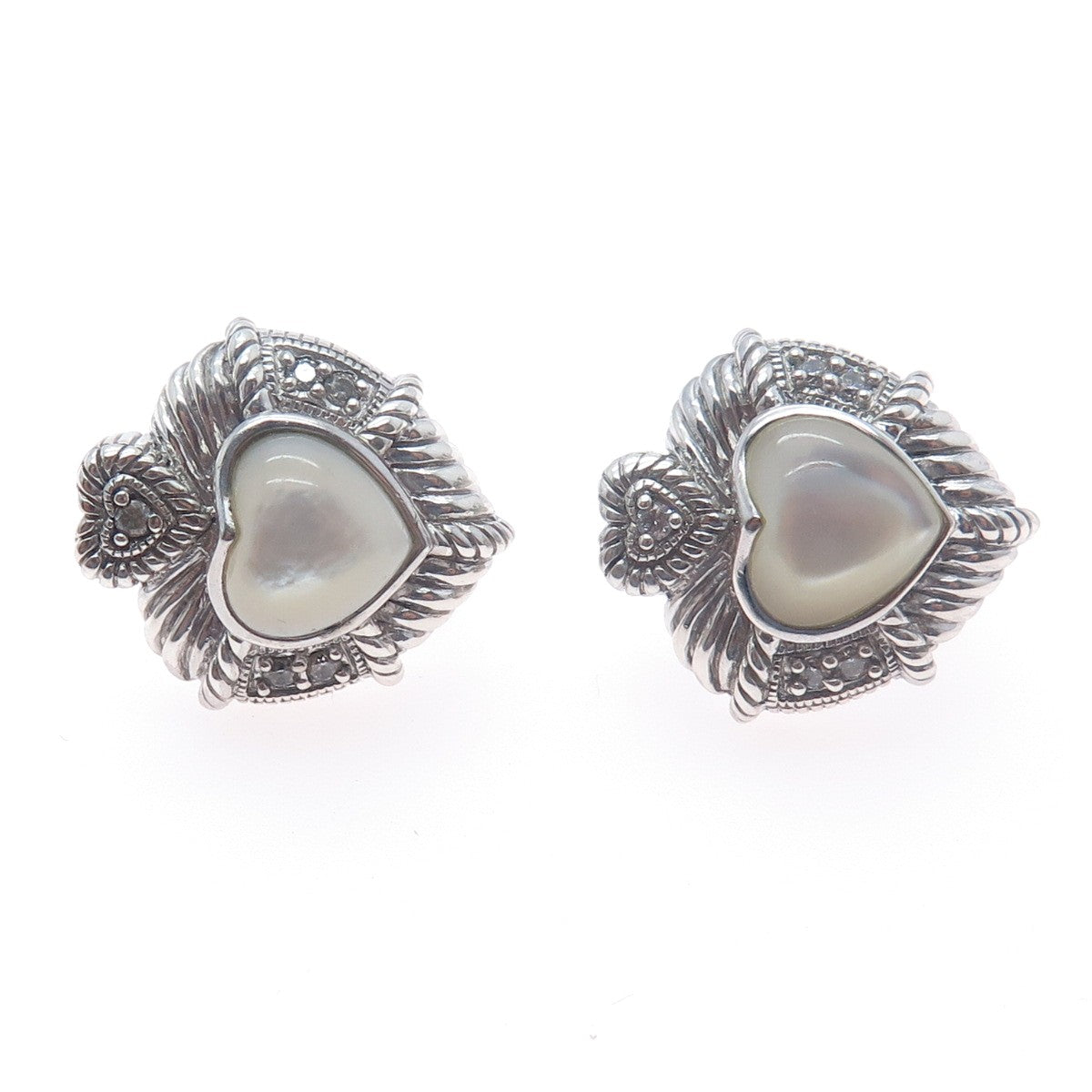 JUDITH RIPKA 925 Sterling Silver Real MOP & C Z Heart Omega Back Earrings