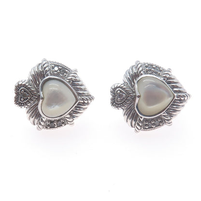 JUDITH RIPKA 925 Sterling Silver Real MOP & C Z Heart Omega Back Earrings