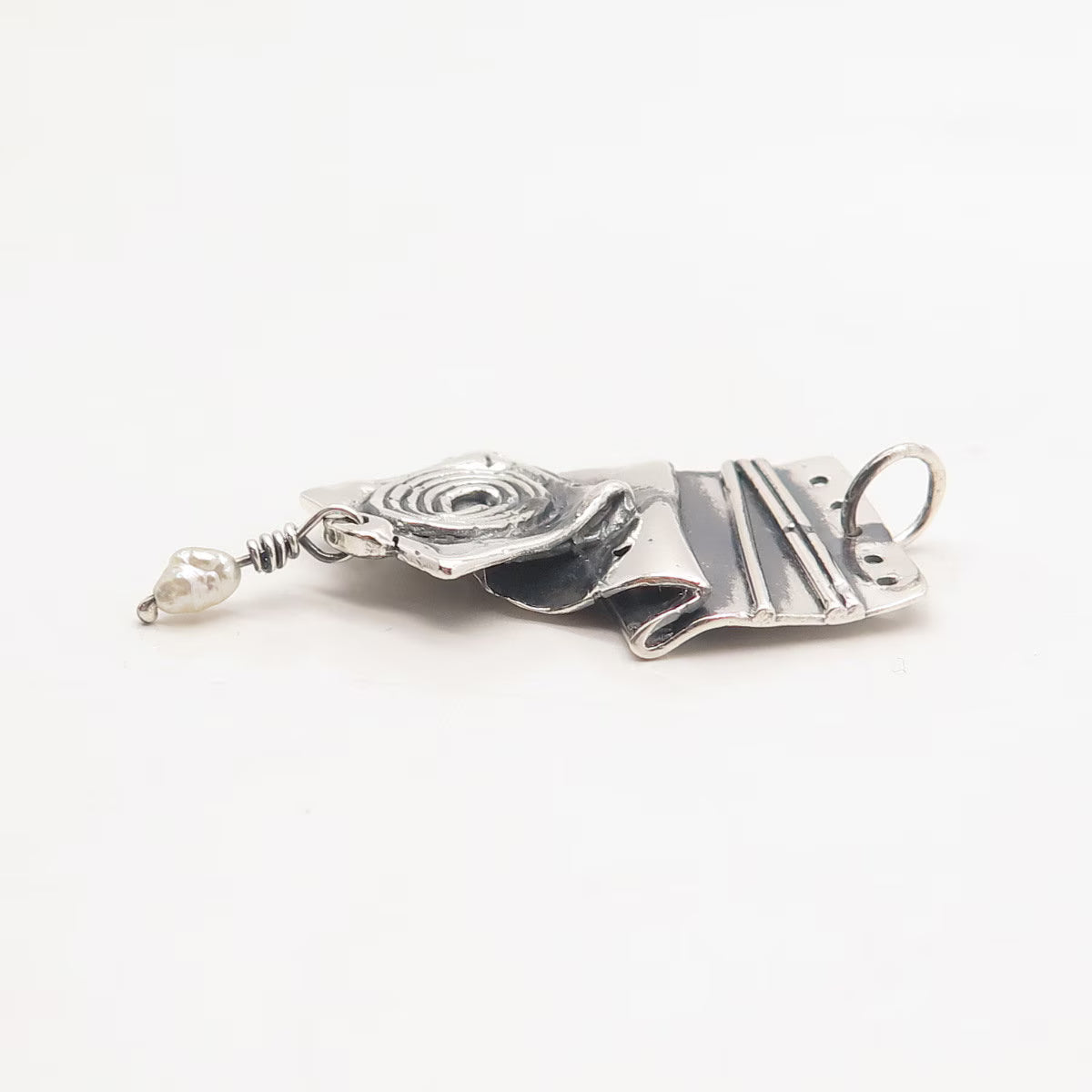 925 Sterling Silver Vintage Real Pearl Fingerprint Modernist Pendant