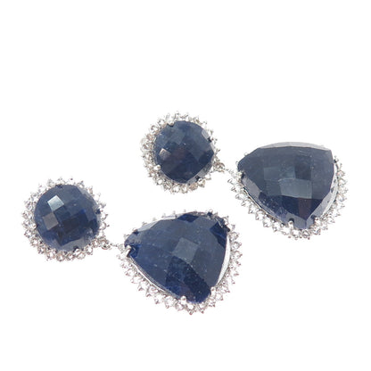 925 Sterling Silver Real Sapphire & White Topaz Dangle Earrings