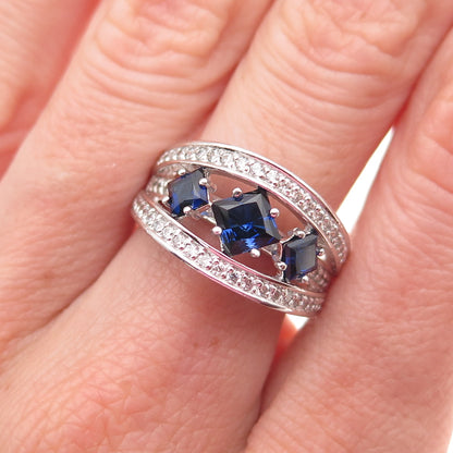 925 Sterling Silver Lab-Created Sapphire & C Z Ring Size 7.25