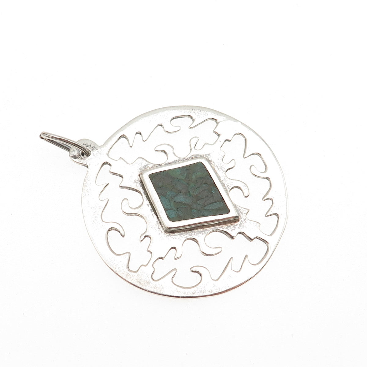 925 Sterling Silver Vintage Real Turquoise Inlay Modernist Pendant