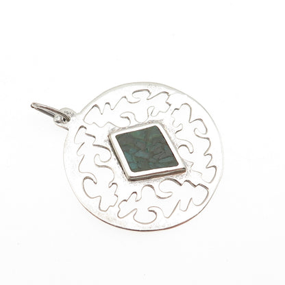 925 Sterling Silver Vintage Real Turquoise Inlay Modernist Pendant