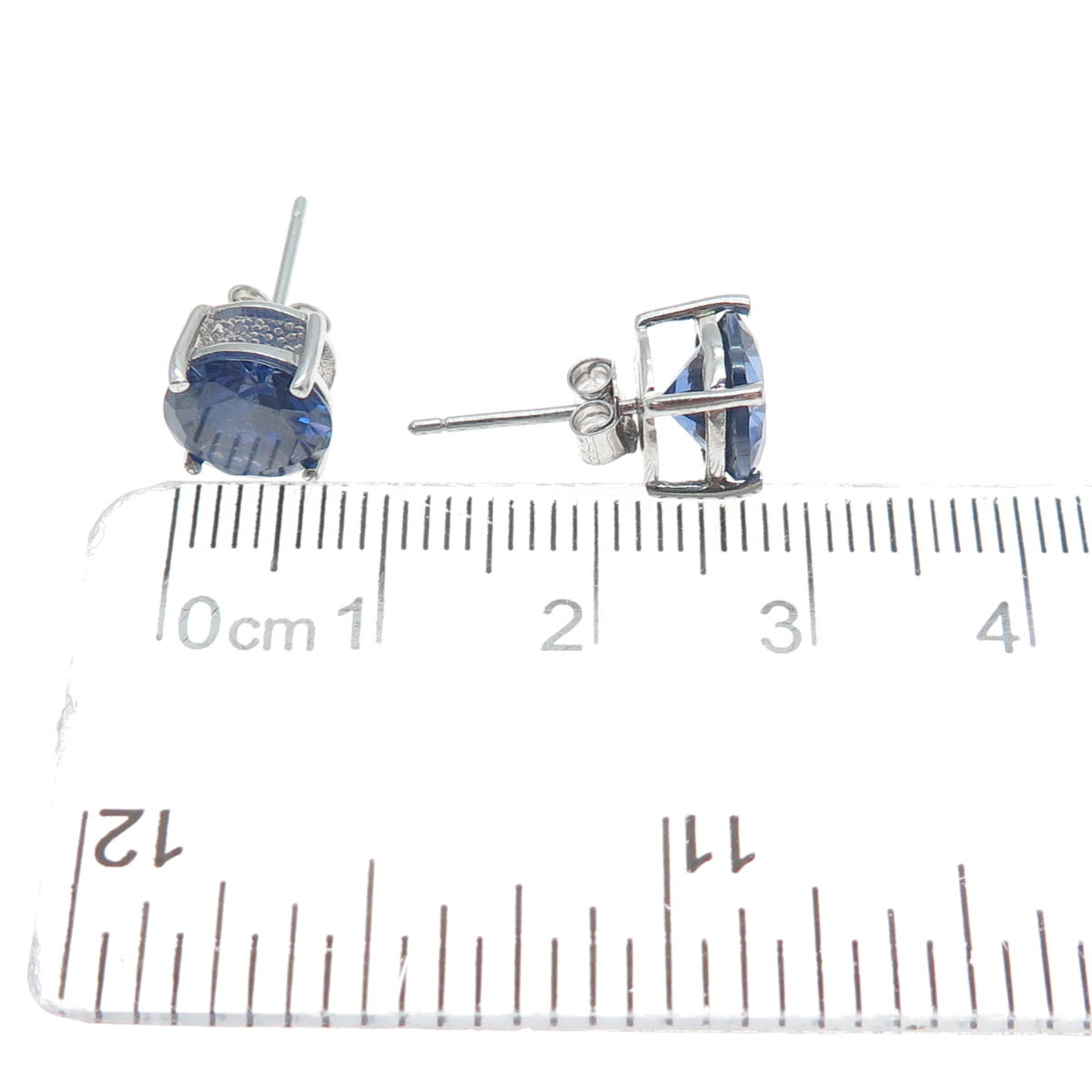 925 Sterling Silver Round-Cut Dark Blue C Z Stud Earrings