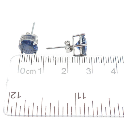 925 Sterling Silver Round-Cut Dark Blue C Z Stud Earrings